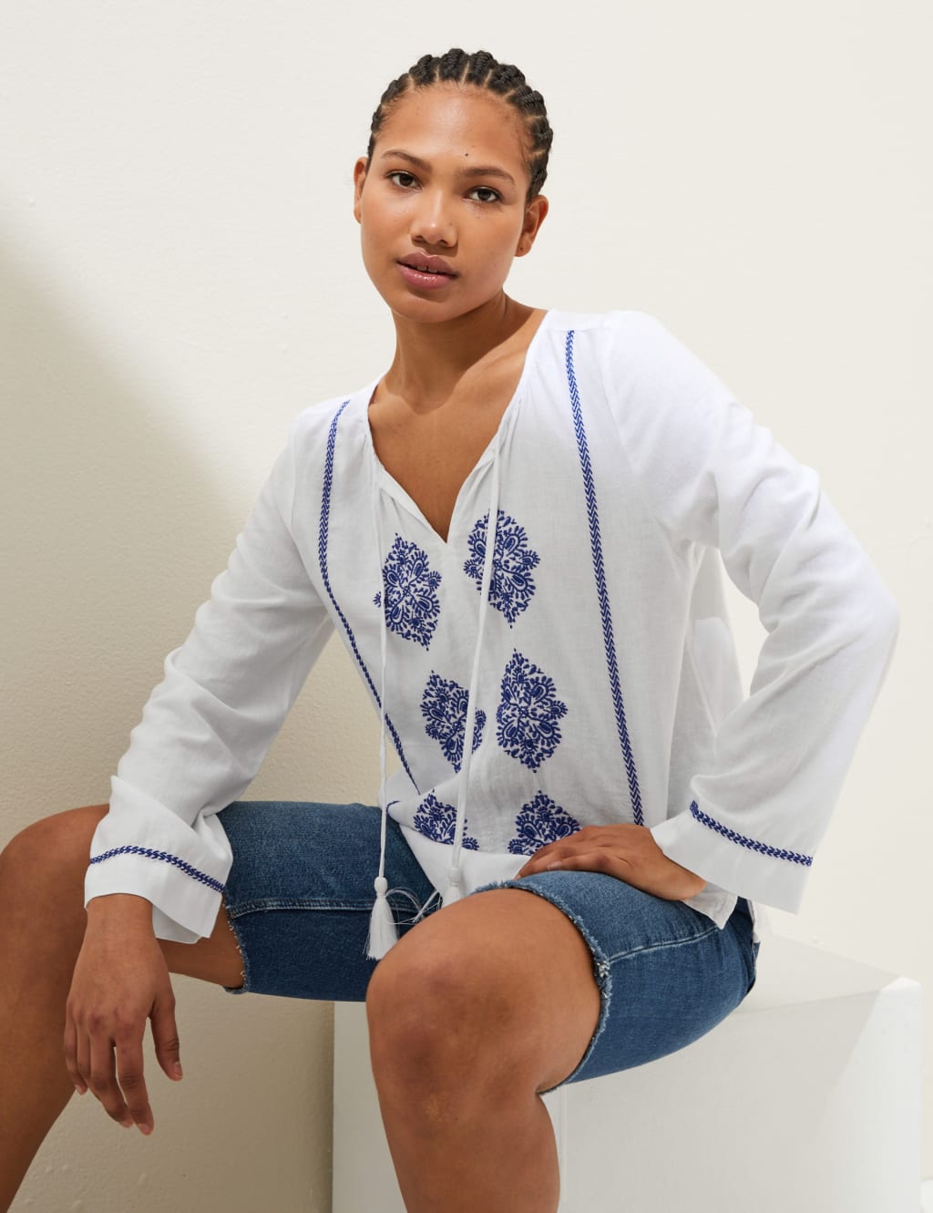 Linen Rich Embroidered Tie Neck Blouse image 1