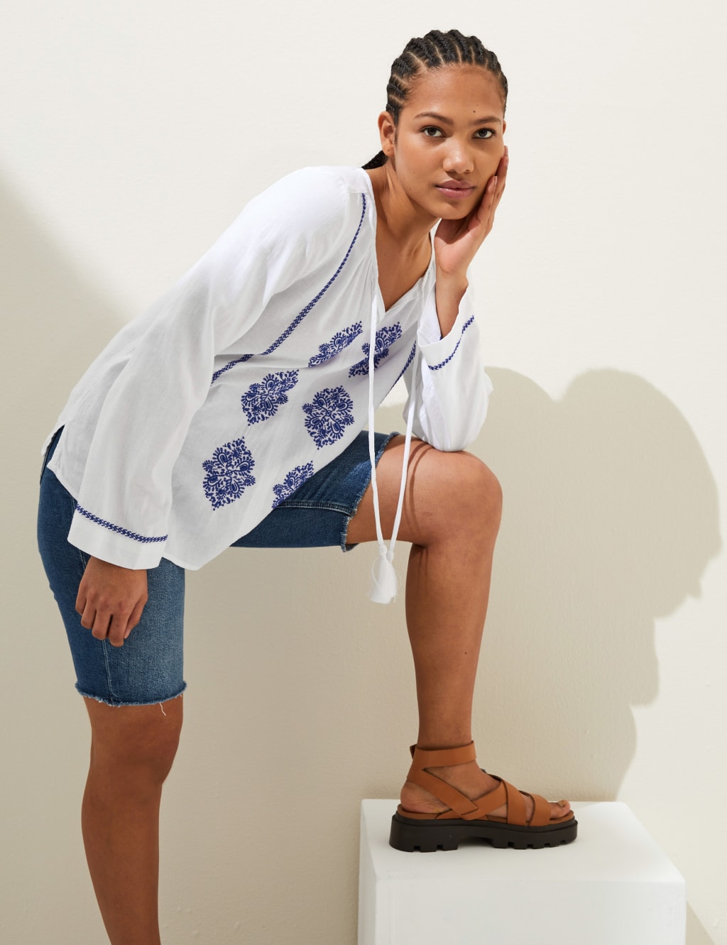 Linen Rich Embroidered Tie Neck Blouse image 2