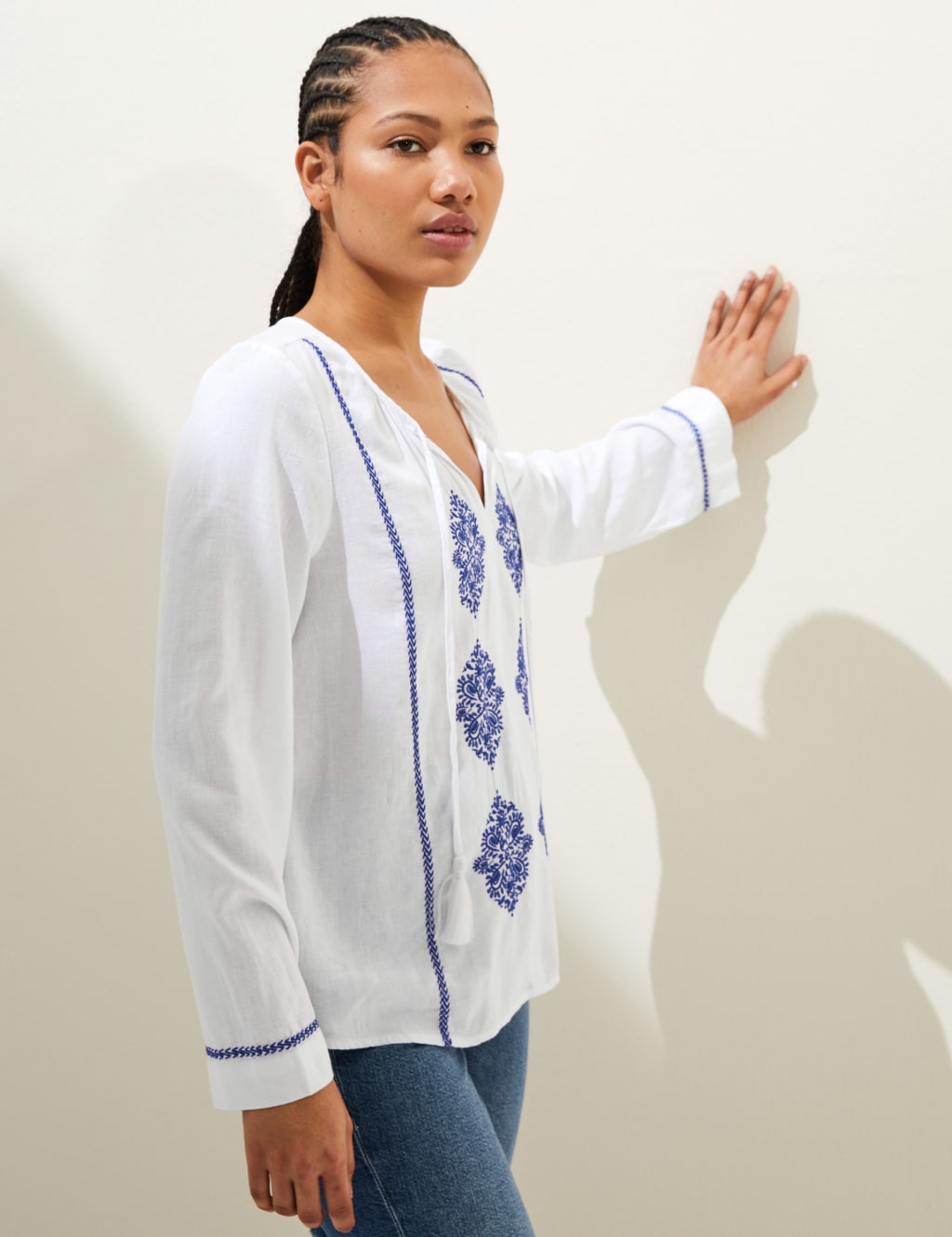Linen Rich Embroidered Tie Neck Blouse image 3