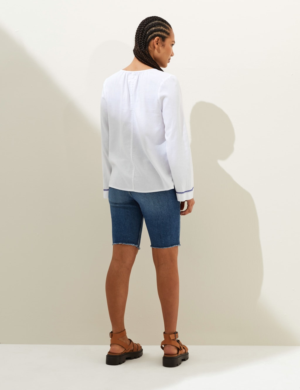 Linen Rich Embroidered Tie Neck Blouse image 5