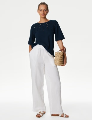 

Womens M&S Collection Bluse mit hohem Leinenanteil und Lochspitze - Navy, Navy