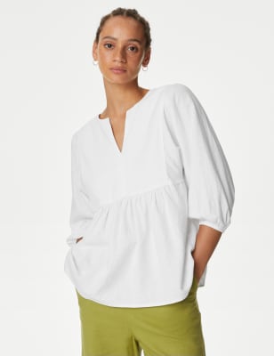 

Womens M&S Collection Linen Rich V-Neck Puff Sleeve Blouse - White, White