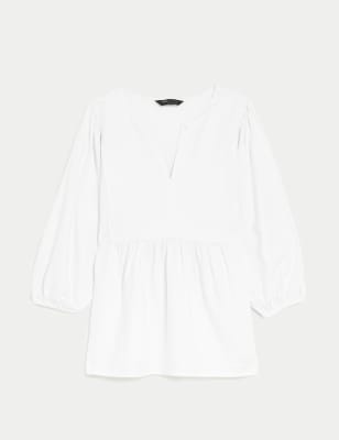Linen Rich V-Neck Puff Sleeve Blouse