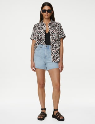 

M&S Collection Camisa playera de lino con cuello estampadaWomens - Black Mix, Black Mix