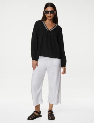 

Womens M&S Collection Linen Blend V-Neck Blouse - Black, Black