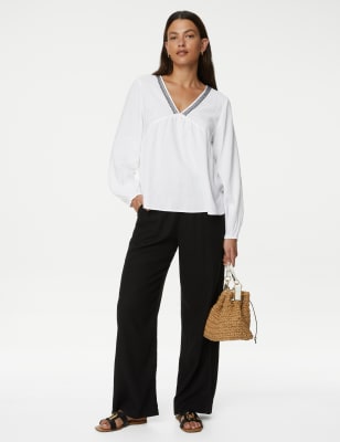 

Womens M&S Collection Bluse aus Leinenmischgewebe mit V-Ausschnitt - White, White