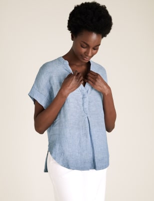 

Womens M&S Collection Pure Linen V-Neck Short Sleeve Blouse - Blue, Blue