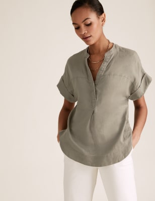 Pure Linen V-Neck Short Sleeve Blouse