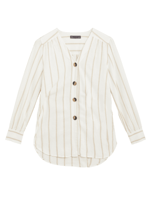 M&S Collection Linen Striped V-Neck Button Detail Tunic - 6 - Blue Mix, Blue Mix