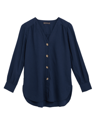M&S Collection Linen V-Neck Button Through Tunic - 12 - Navy, Navy