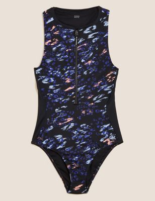M&S Goodmove Womens Printed Zip Up High Neck Swimsuit