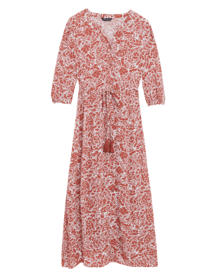 

Womens M&S Collection Gemustertes Maxi-Strandkleid mit V-Ausschnitt und Bindegürtel - Rust Mix, Rust Mix
