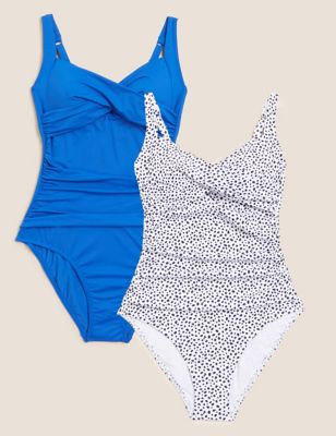 Marks And Spencer Womens M&S Collection 2pk Tummy Control Plunge Swimsuits - Blue Mix, Blue Mix