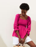 Linen Blend Square Neck Shirred Blouse