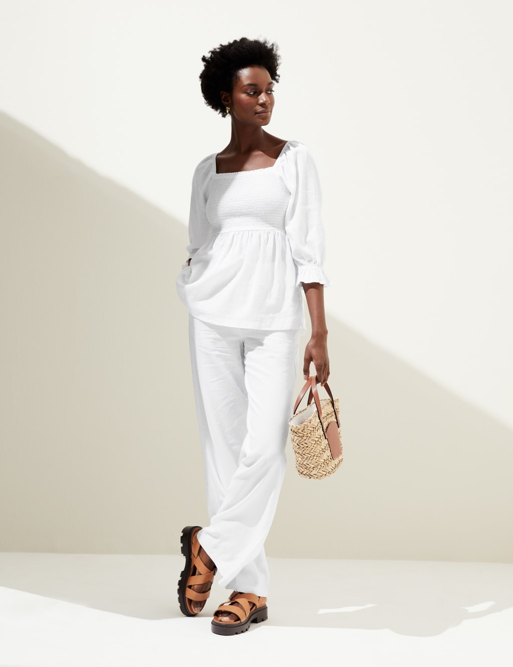 Linen Blend Square Neck Shirred Blouse image 1