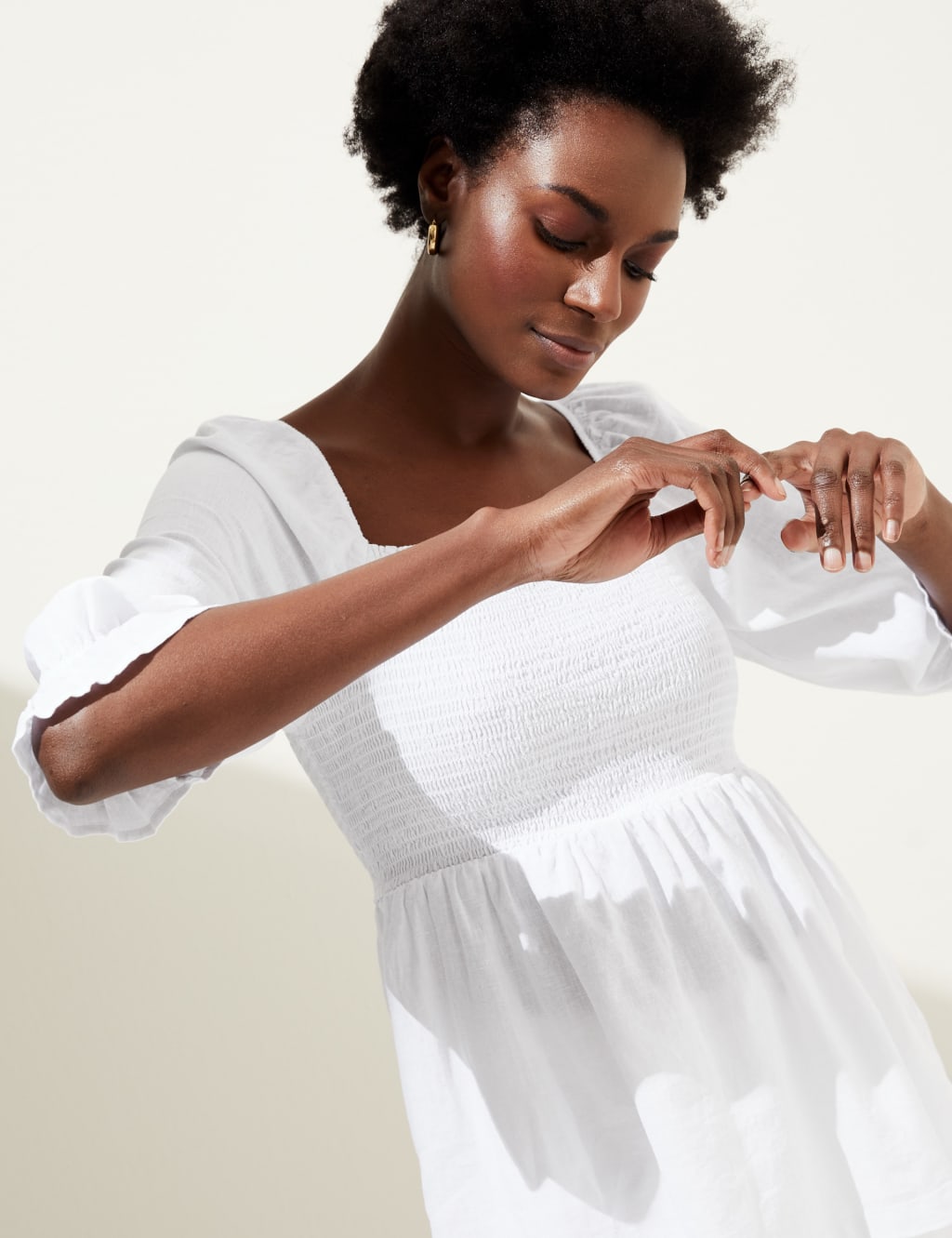 Linen Blend Square Neck Shirred Blouse image 2