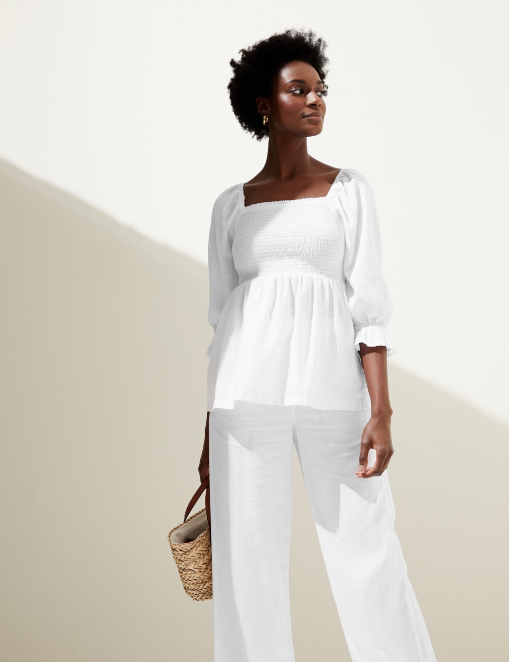 Linen Blend Square Neck Shirred Blouse image 3