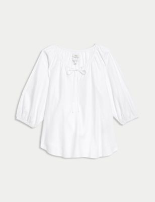 M&S Womens Linen Rich Tie Neck Blouse - 12 - White, White