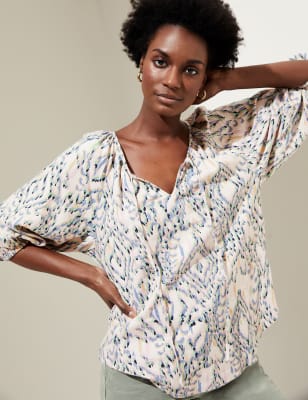 

Womens M&S Collection Linen Rich Printed Tie Neck Blouse - Multi, Multi