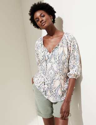 Blusa estampada con lazo el cuello de lino M&S ES