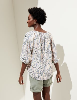 Blusa estampada con lazo el cuello de lino M&S ES