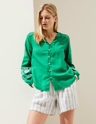 

Womens M&S Collection Linen Rich Embroidered V-Neck Blouse - Bright Green, Bright Green