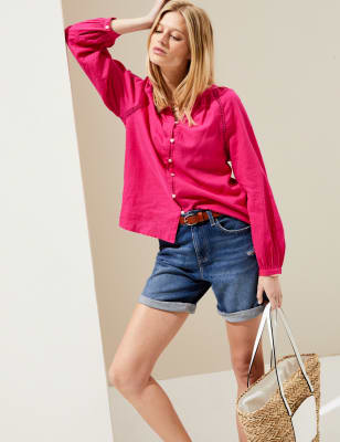

Womens M&S Collection Kragenlose Bluse mit hohem Leinenanteil - Fuchsia, Fuchsia