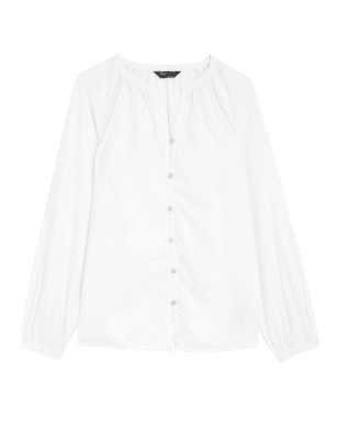 

Womens M&S Collection Linen Rich Collarless Blouse - White, White