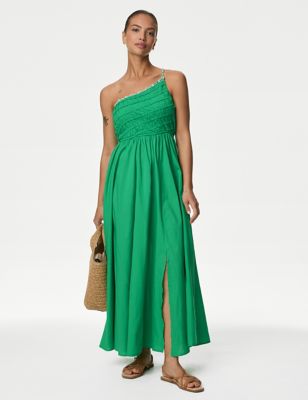 M&S Womens Pure Cotton Beaded Midaxi Beach Dress - 18 - Medium Green, Medium Green