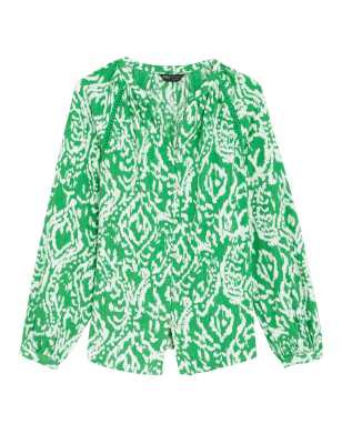 

Womens M&S Collection Linen Rich Printed Collarless Blouse - Green Mix, Green Mix