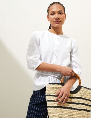 

Womens M&S Collection Pure Linen Round Neck Waisted Blouse - White, White