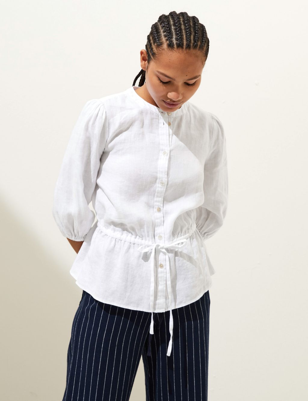 Pure Linen Round Neck Waisted Blouse image 3