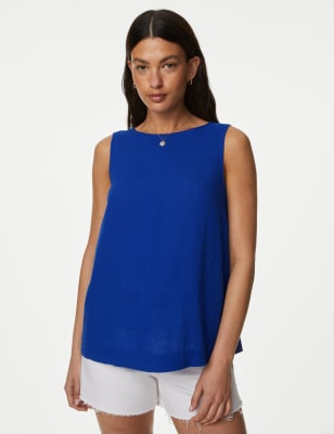 

Womens M&S Collection Linen Blend Round Neck Vest Top - Electric Blue, Electric Blue