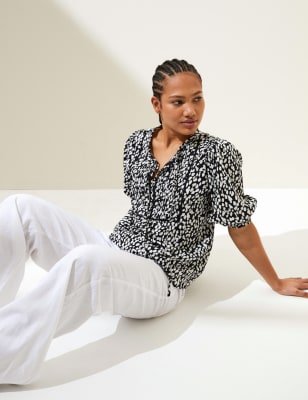 

Womens M&S Collection Linen Rich Printed Puff Sleeve Blouse - Black Mix, Black Mix