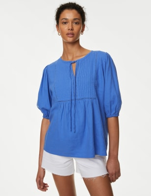 

Womens M&S Collection Linen Rich Tie Neck Puff Sleeve Blouse - Lupin, Lupin