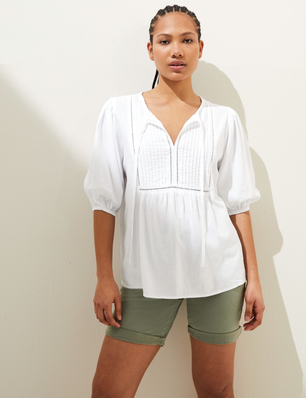 Linen Rich Tie Neck Puff Sleeve Blouse image 1