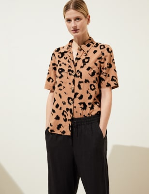 

Womens M&S Collection Linen Rich Animal Print Collared Shirt - Black Mix, Black Mix