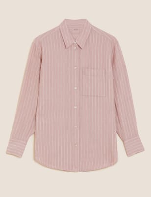 

Womens M&S Collection Pure Linen Striped Long Sleeve Shirt - Pink Mix, Pink Mix