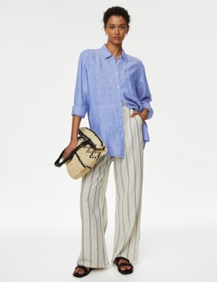 

Womens M&S Collection Pure Linen Oversized Shirt - Chambray, Chambray