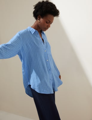 

Womens M&S Collection Pure Linen Striped Oversized Shirt - Blue Mix, Blue Mix