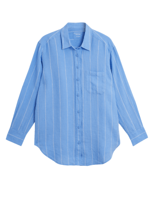 

Womens M&S Collection Pure Linen Oversized Shirt - Blue Mix, Blue Mix