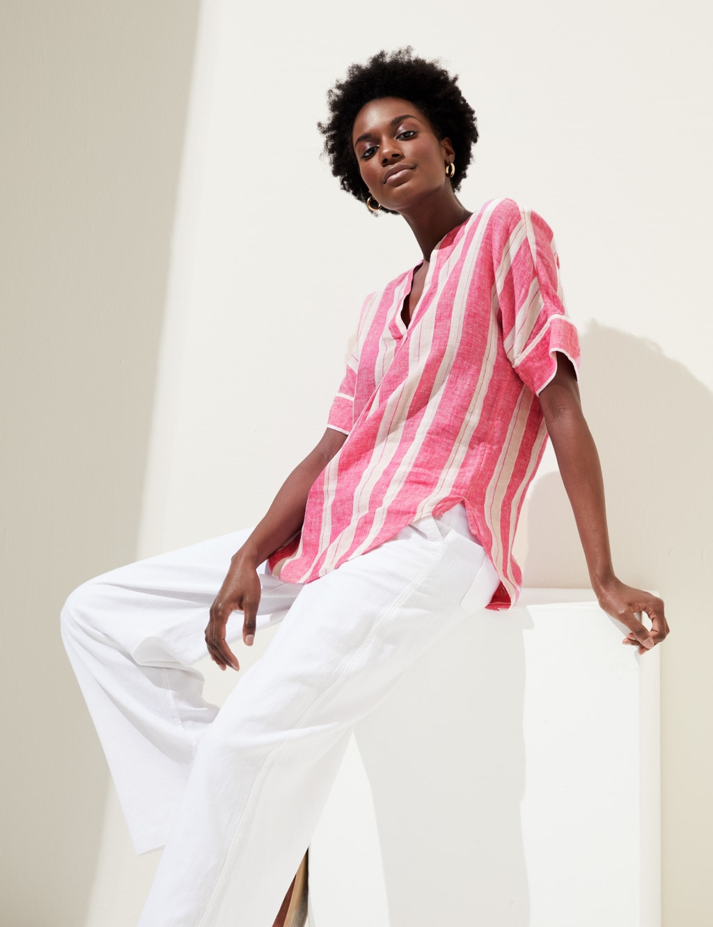 Pure Linen Striped V-Neck Popover Blouse image 1