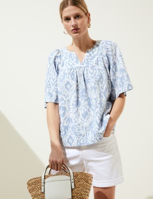 

Womens M&S Collection Bequeme Bluse mit V-Ausschnitt, hohem Leinenanteil und Muster - White Mix, White Mix