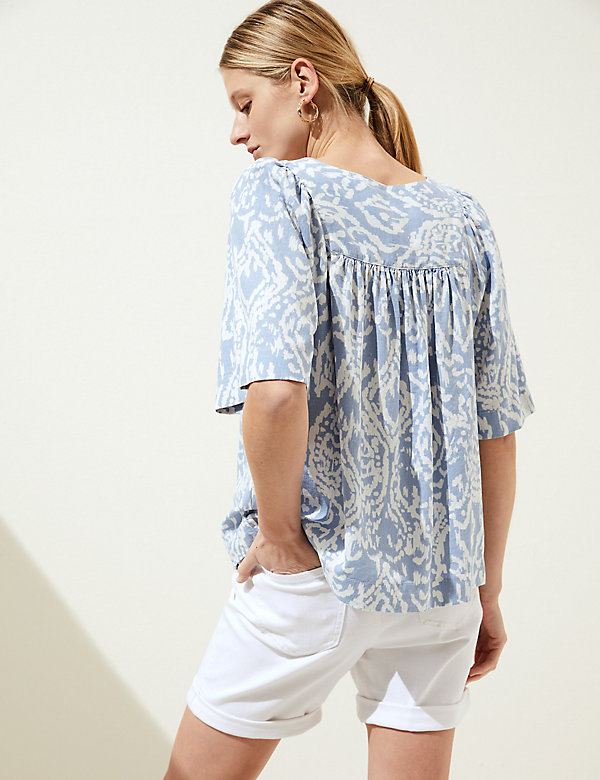 Linen Rich Printed V-Neck Relaxed Blouse - SA