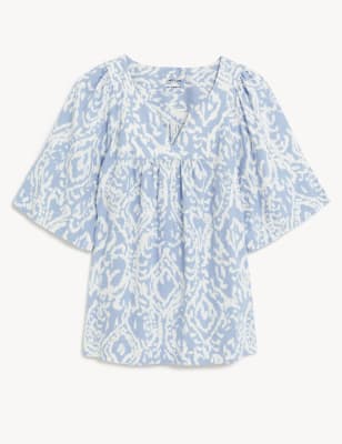 Linen Rich Printed V-Neck Relaxed Blouse - SA