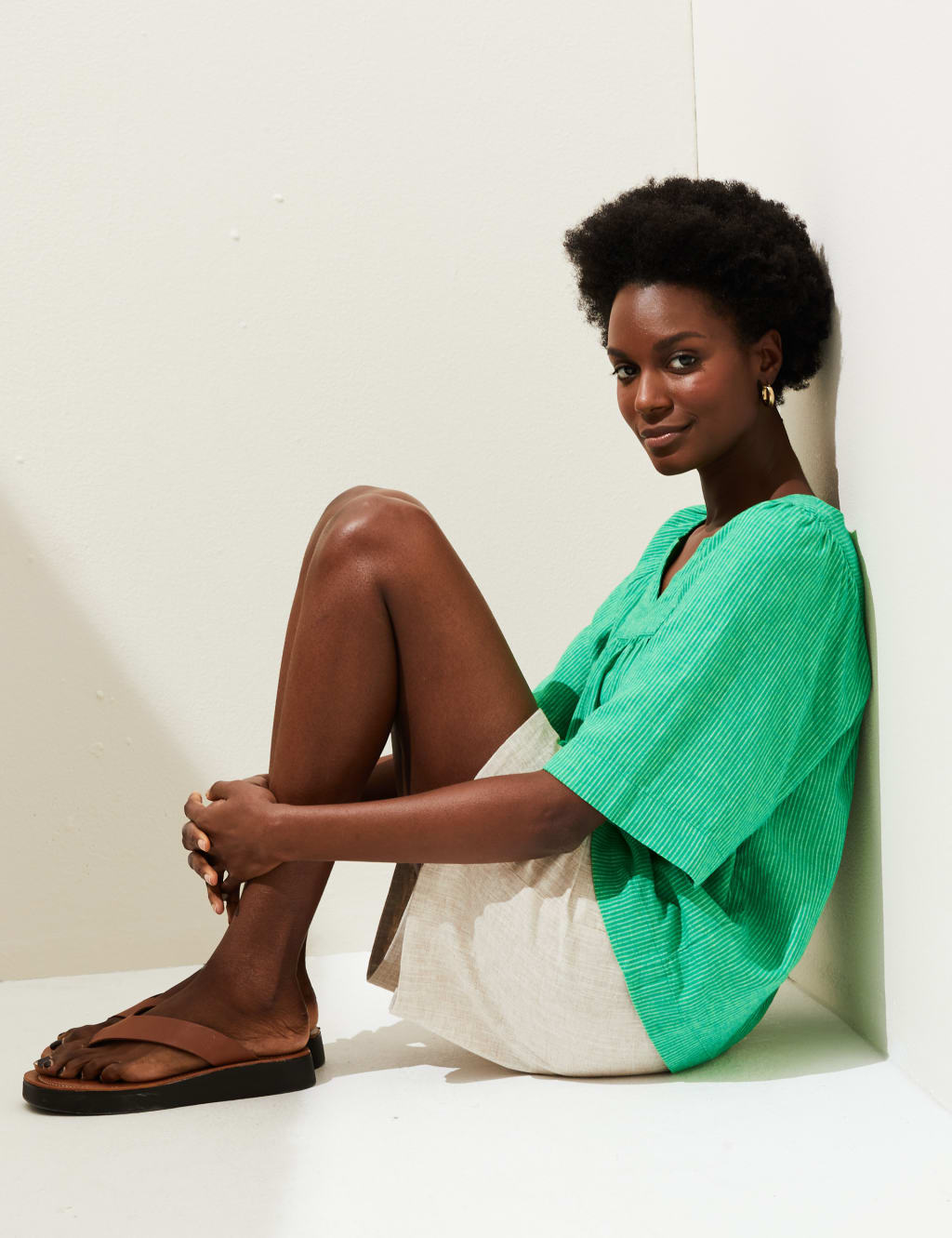 Linen Rich Striped V-Neck Blouse image 1