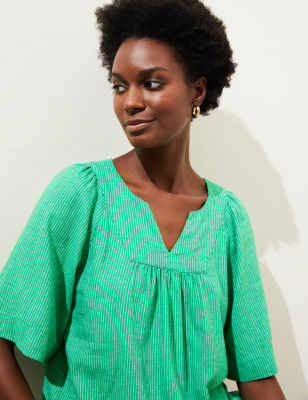 Linen Rich Striped V-Neck Blouse - AU