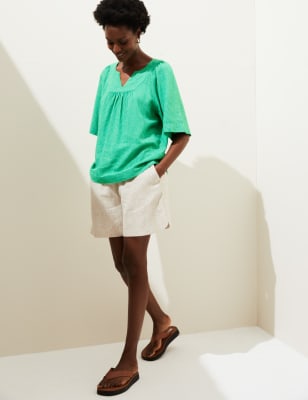Linen Rich Striped V-Neck Blouse - AU