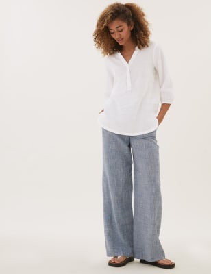 

M&S Collection Camisa 100% lino de manga 3/4 sin cuelloWomens - White, White