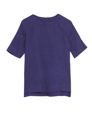 

Womens M&S Collection Pure Linen Round Neck Short Sleeve Top - Dark Blue, Dark Blue